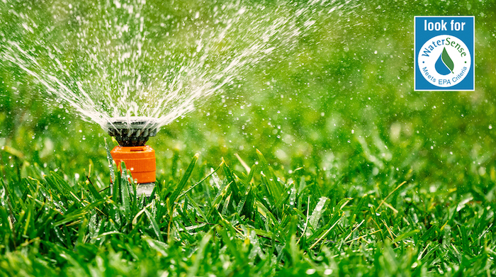 Look for WaterSense meets EPA criteria logo. Sprinkler shown on green lawn.