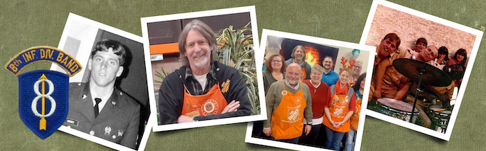 Photo montage of John Moody in the military and at Home Depot.