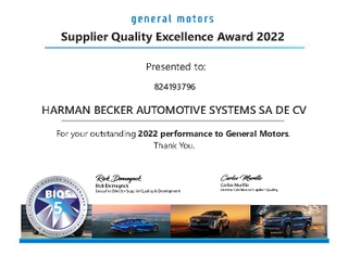 General Motors Supplier Excellence Award: HARMAN Becker.