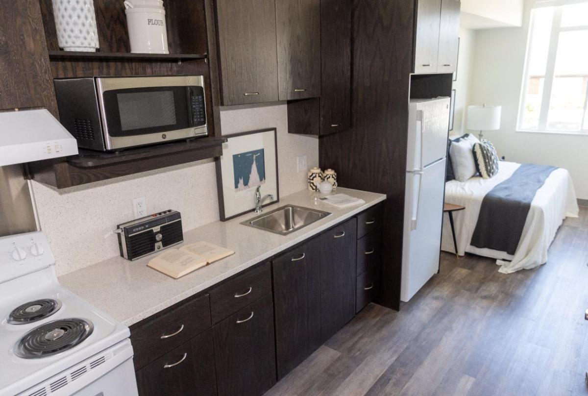 Individual studios have full kitchens and baths in addition to living space.
