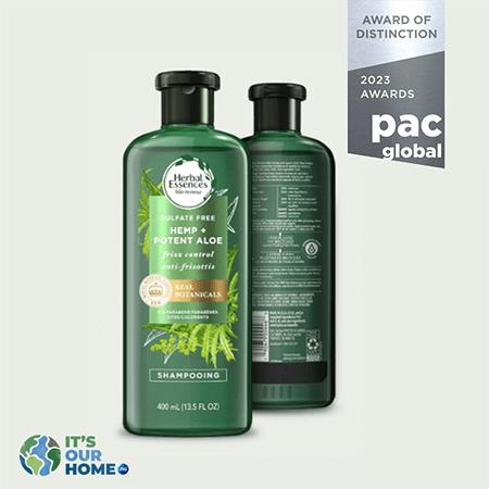 Front and back of bottles of Herbal Essences shampoo. "Award of distinction 2023 awards pac global" badge.