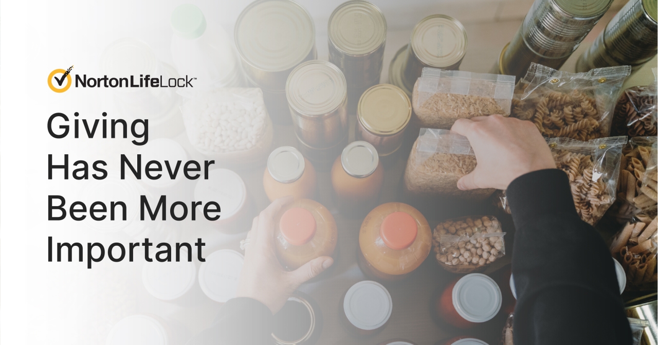Hands organizing food donations with text overlaid that says Giving Has Never Been More Important