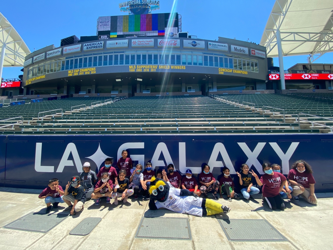 Youth participants enrolled in the Hope Street summer program spend the afternoon enjoying a specially designed LA Galaxy Youth Soccer Clinic, working directly with club coaching staff and LA Galaxy mascot Cozmo at Dignity Health Sports Park on June 25, 2021.