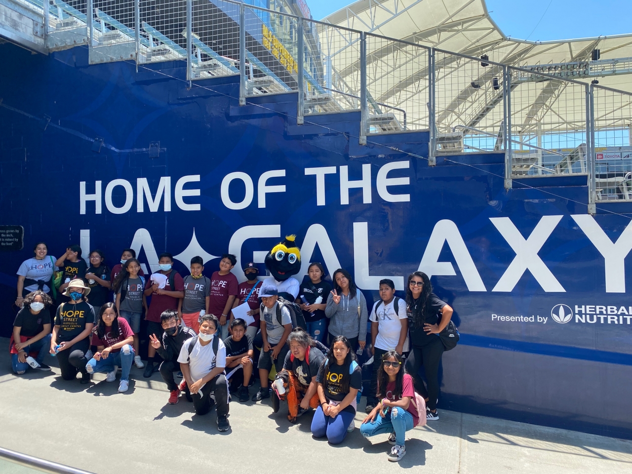 Youth participants enrolled in the Hope Street summer program spend the afternoon enjoying a specially designed LA Galaxy Youth Soccer Clinic, working directly with club coaching staff and LA Galaxy mascot Cozmo at Dignity Health Sports Park on July 9, 2021.