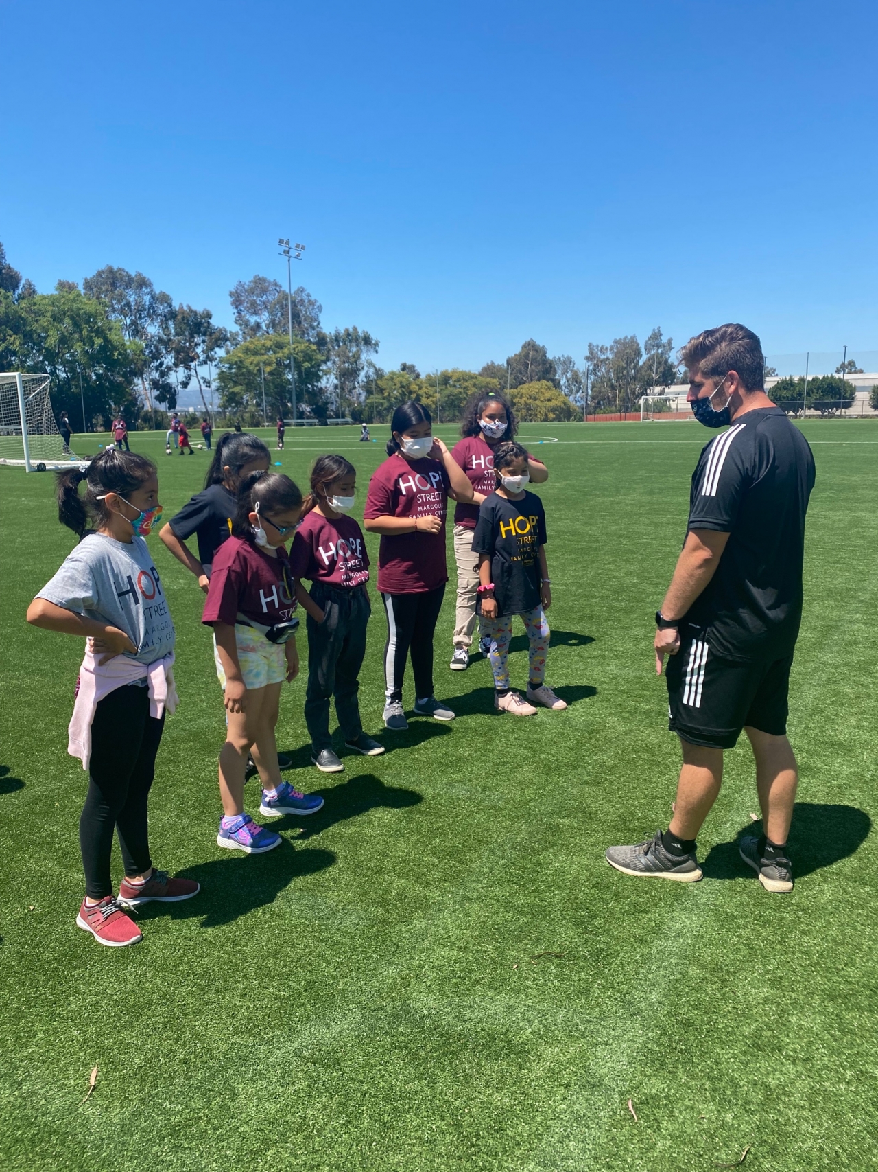 Youth participants enrolled in the Hope Street summer program spend the afternoon enjoying a specially designed LA Galaxy Youth Soccer Clinic, working directly with club coaching staff and LA Galaxy mascot Cozmo at Dignity Health Sports Park on July 9, 2021.