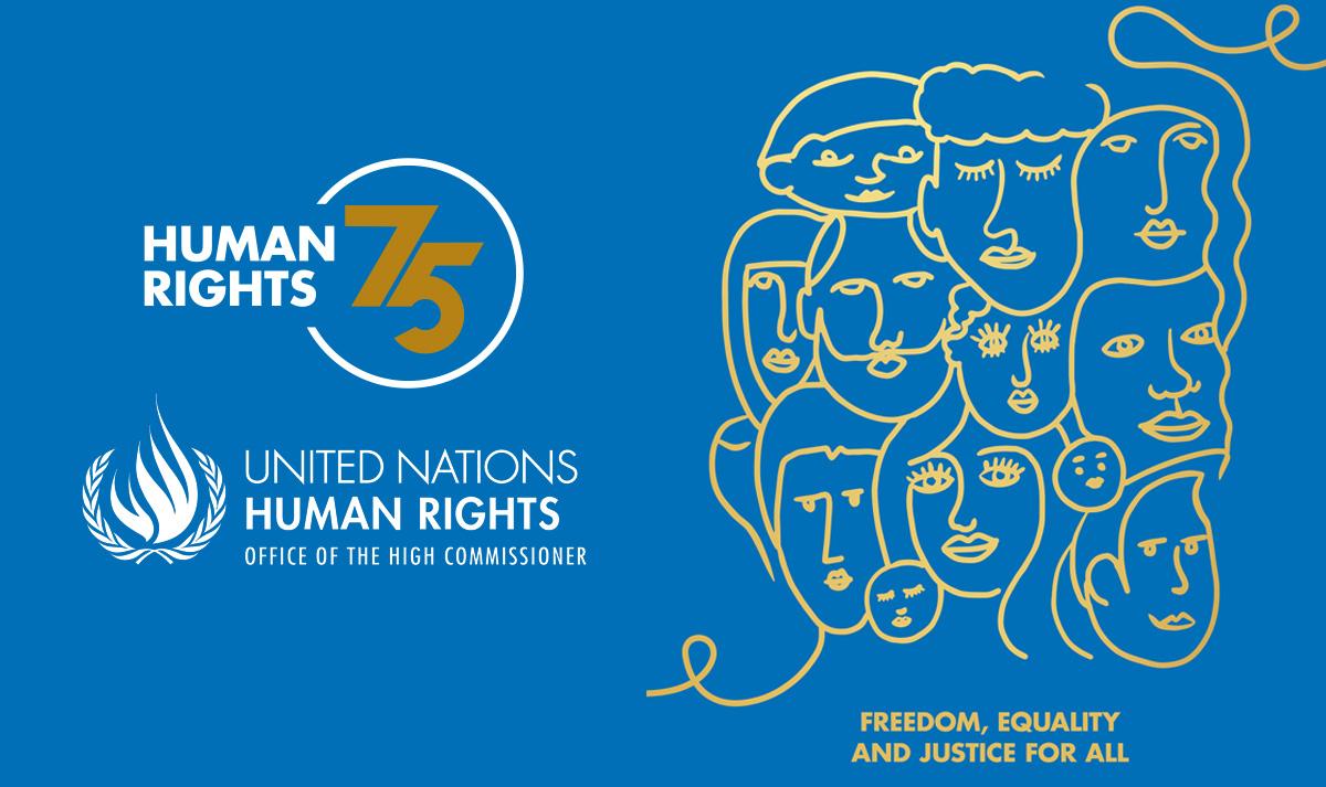 On a blue background "Human Rights 75" and outline sketches on different faces. 