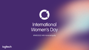 International Womens Day on a blue background with blurred orange stroke.