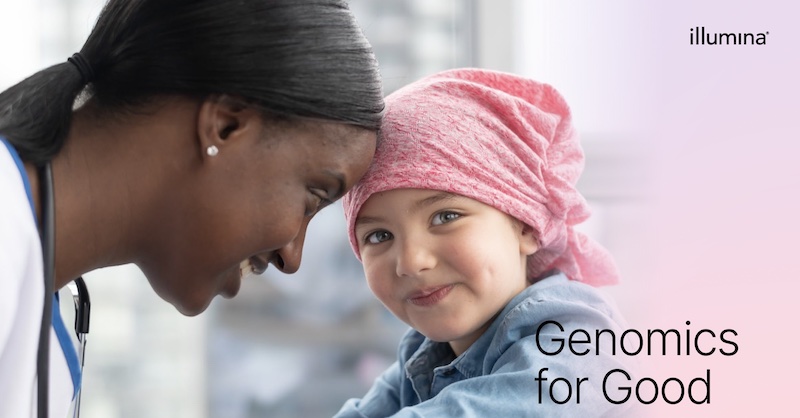 Illumina: Genomics for Good. Doctor shown with young cancer patient.