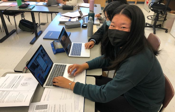 High school student Tricia Zhang in Tanya Buxton’s Biotechnology Research Methods class at Menlo School in Atherton, California.