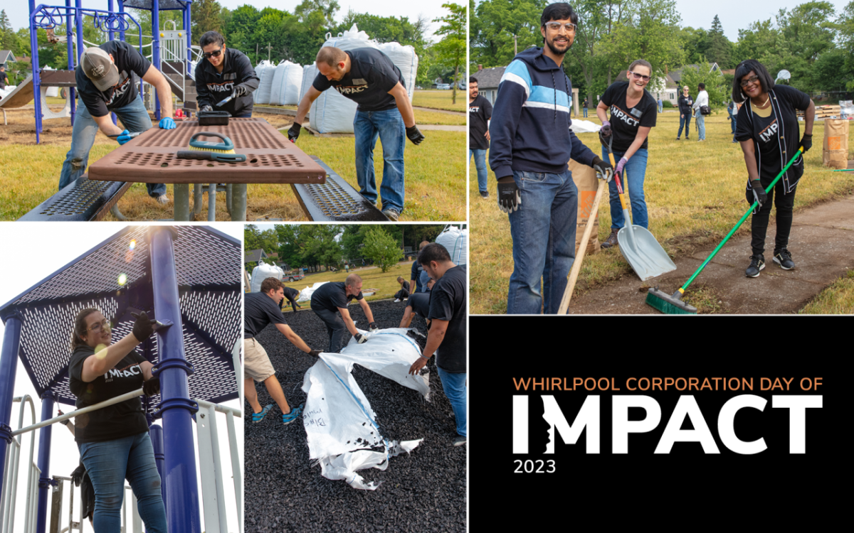 Collage of different volunteers in matching shirts making repairs to a playground.