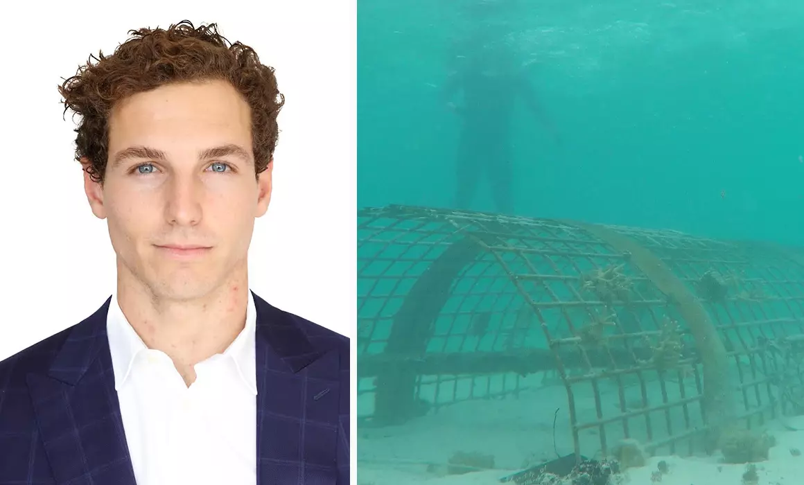 Left: Curtis Sciacca, cofounder and chief strategist of Nurtured.co. Right: The build of coral reef structures in the Australian oceans to save coral colonies.