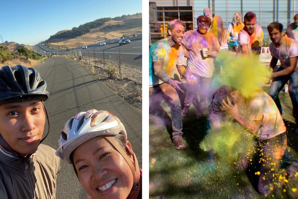 Christopher Reyes montage: bike trip and being covered in colored powder.