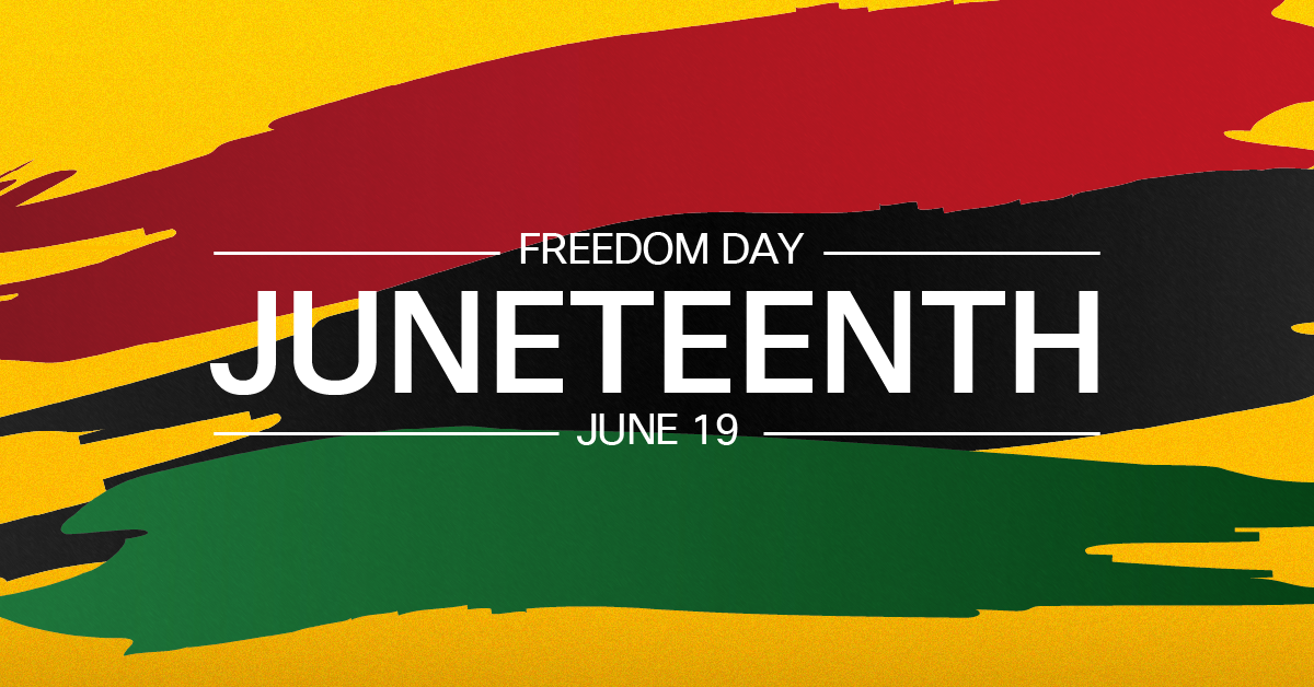 Freedom day Juneteenth June 19th over a red, black, green, yellow bachground.