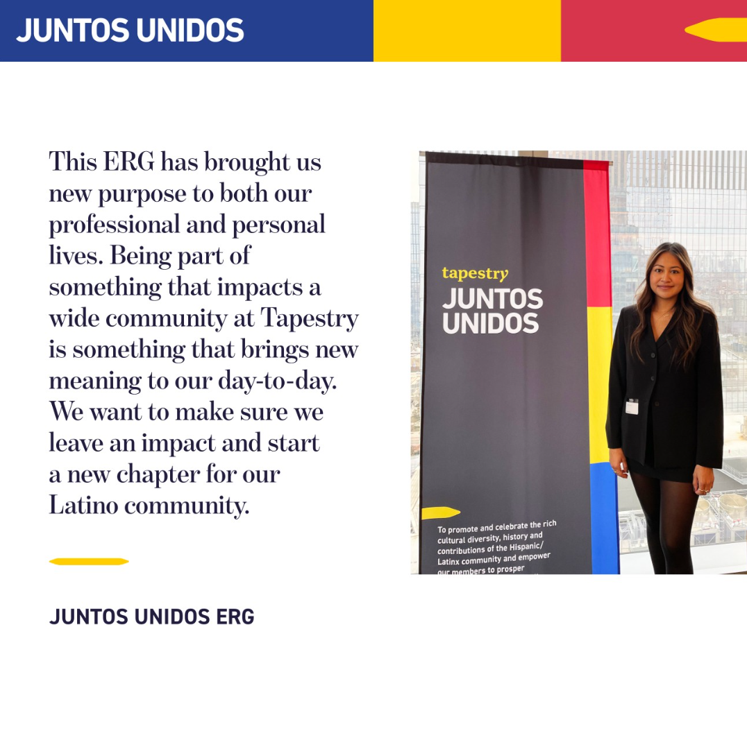 Person standing by a banner for the Tapestry Juntos Unidos ERG.