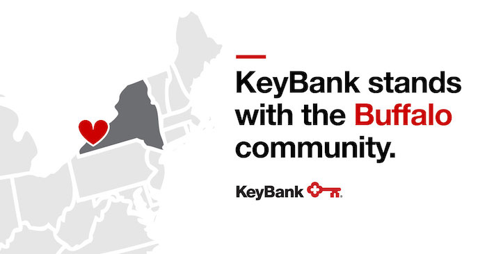 KeyBank stands with the Buffalo Community. Map of the northeast; NY state is highlighted and a heart is shown over Buffalo.