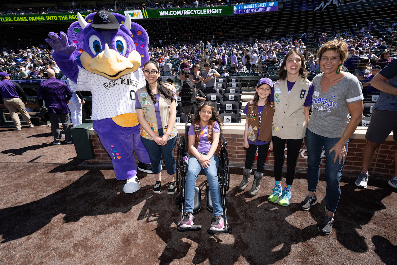 The four Girl Scouts of Colorado honored at the Rockies game