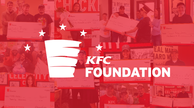 KFC FOUNDATION logo on a collage of photos with a red filter 