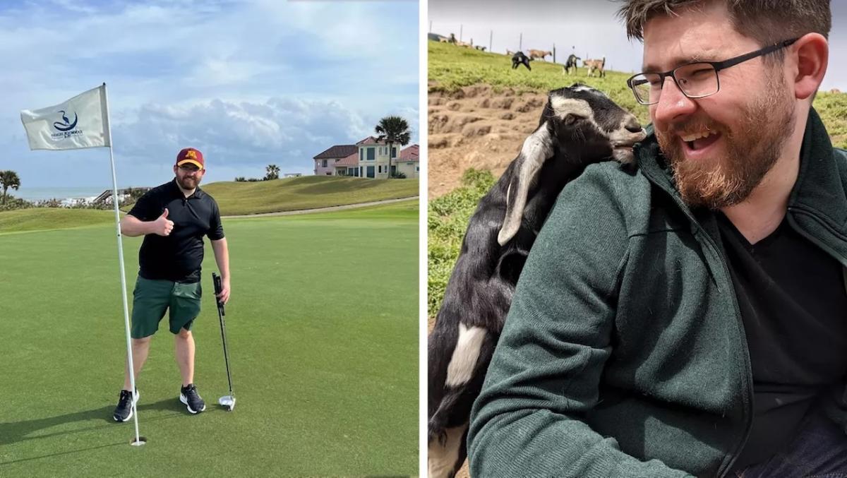 Kevin Arritt on a golf course and with a goat while hiking.