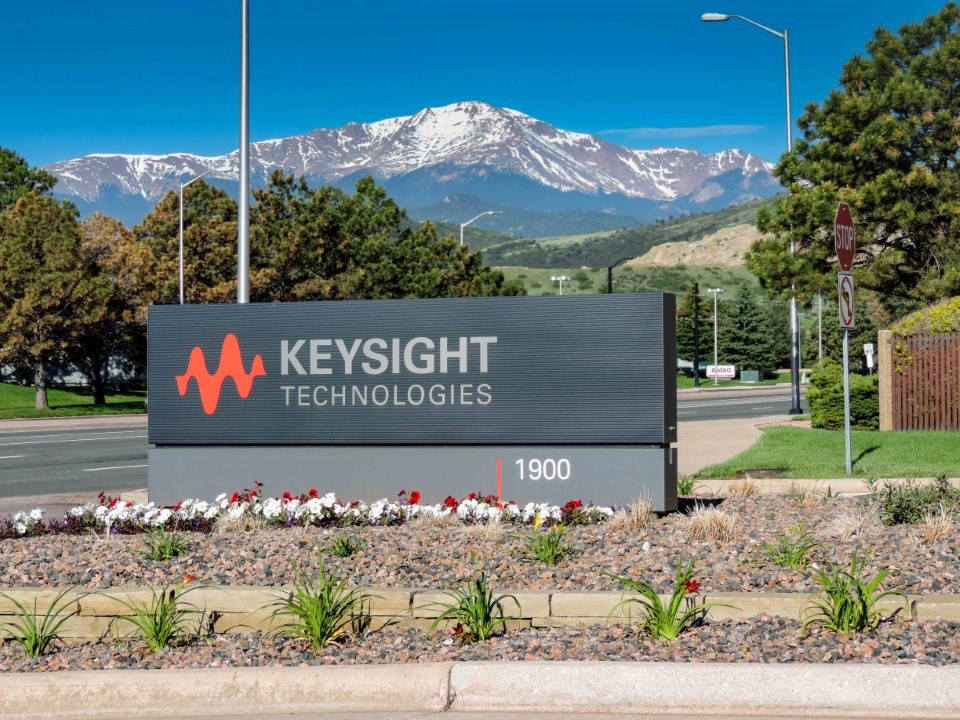 Keysight Technologies Colorado Springs site entrance, with Pikes Peak in the background