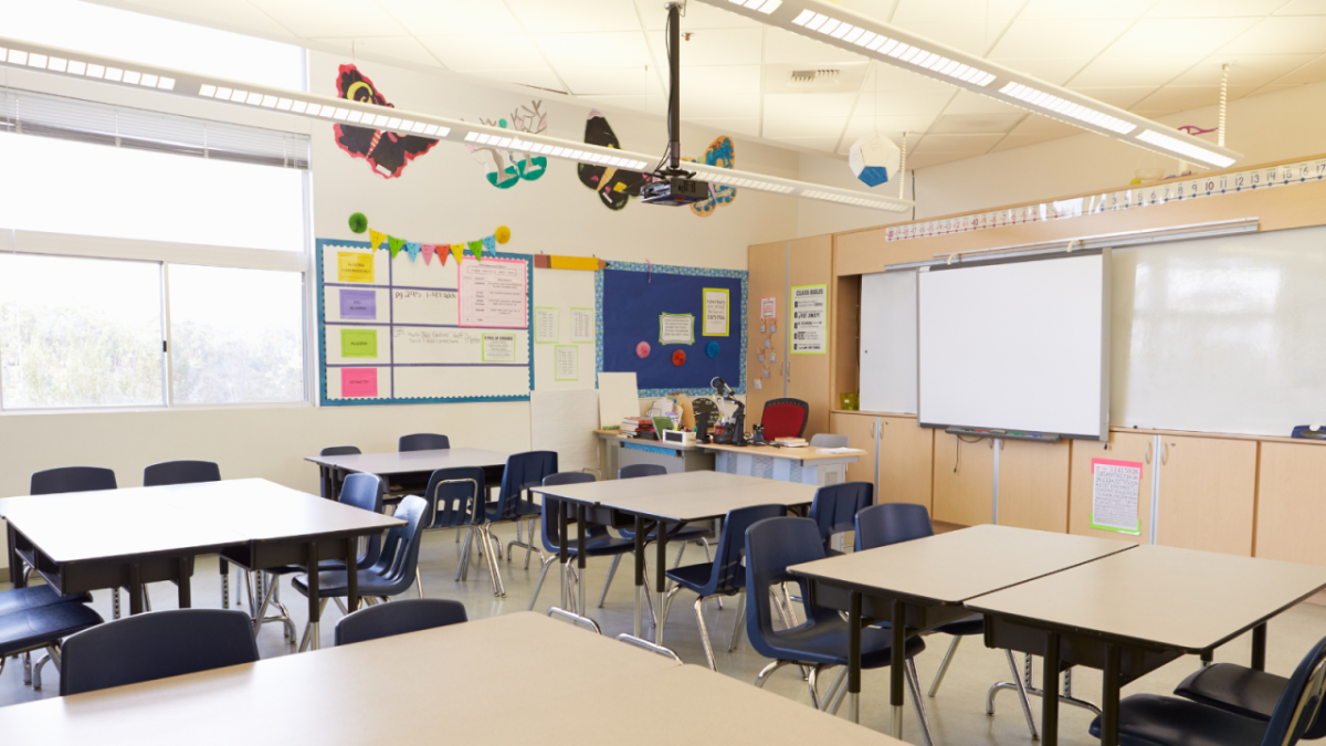 A classroom with updated lighting.