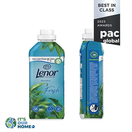 Front and side of Lenor bottles. "Best in class 2023 awards pac global" badge.