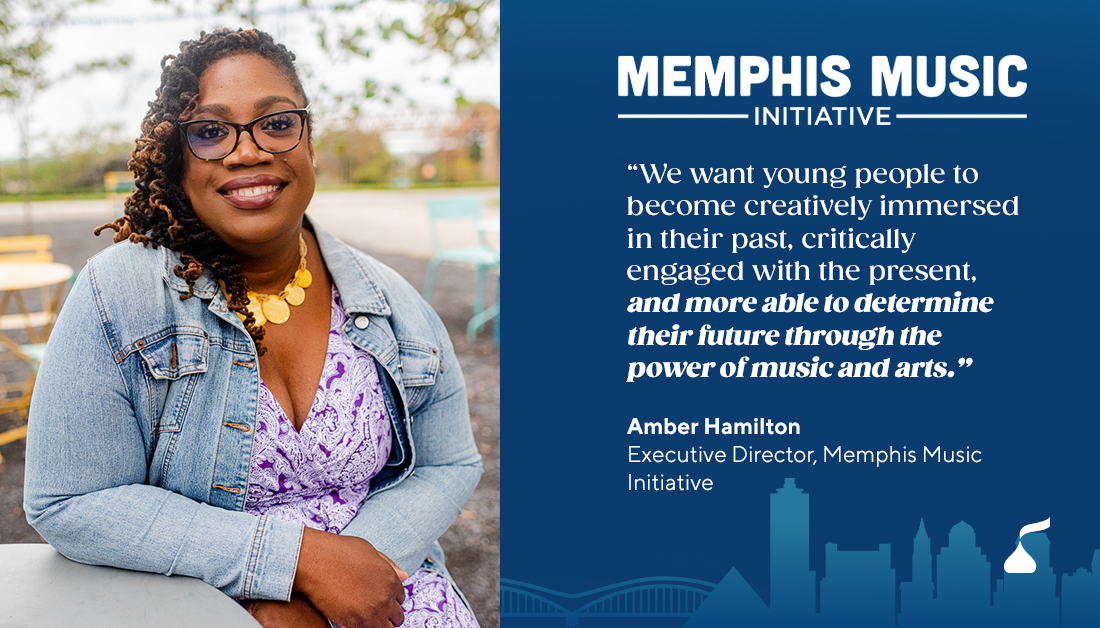 On the left Amber Hamilton, on the right "Memphis Music Initiative" and quote from Amber