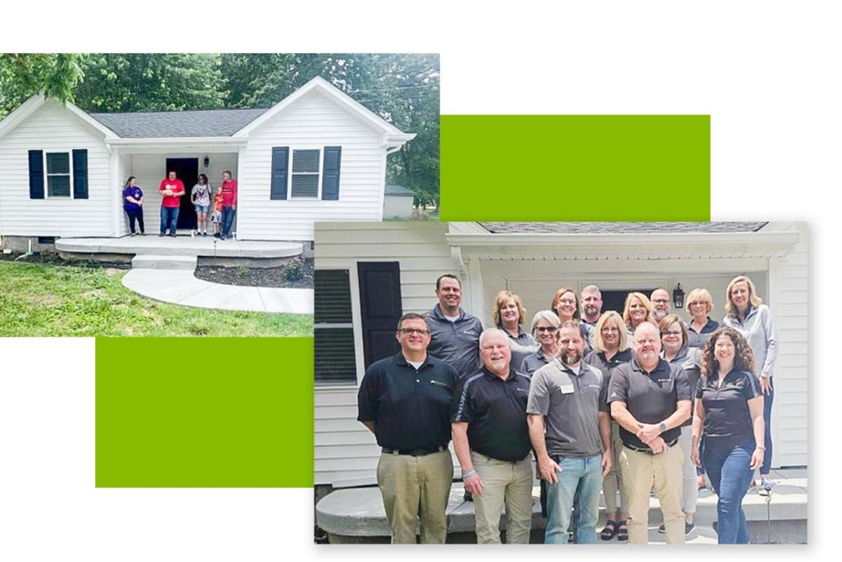 Collage of rebuilt home and team of volunteers