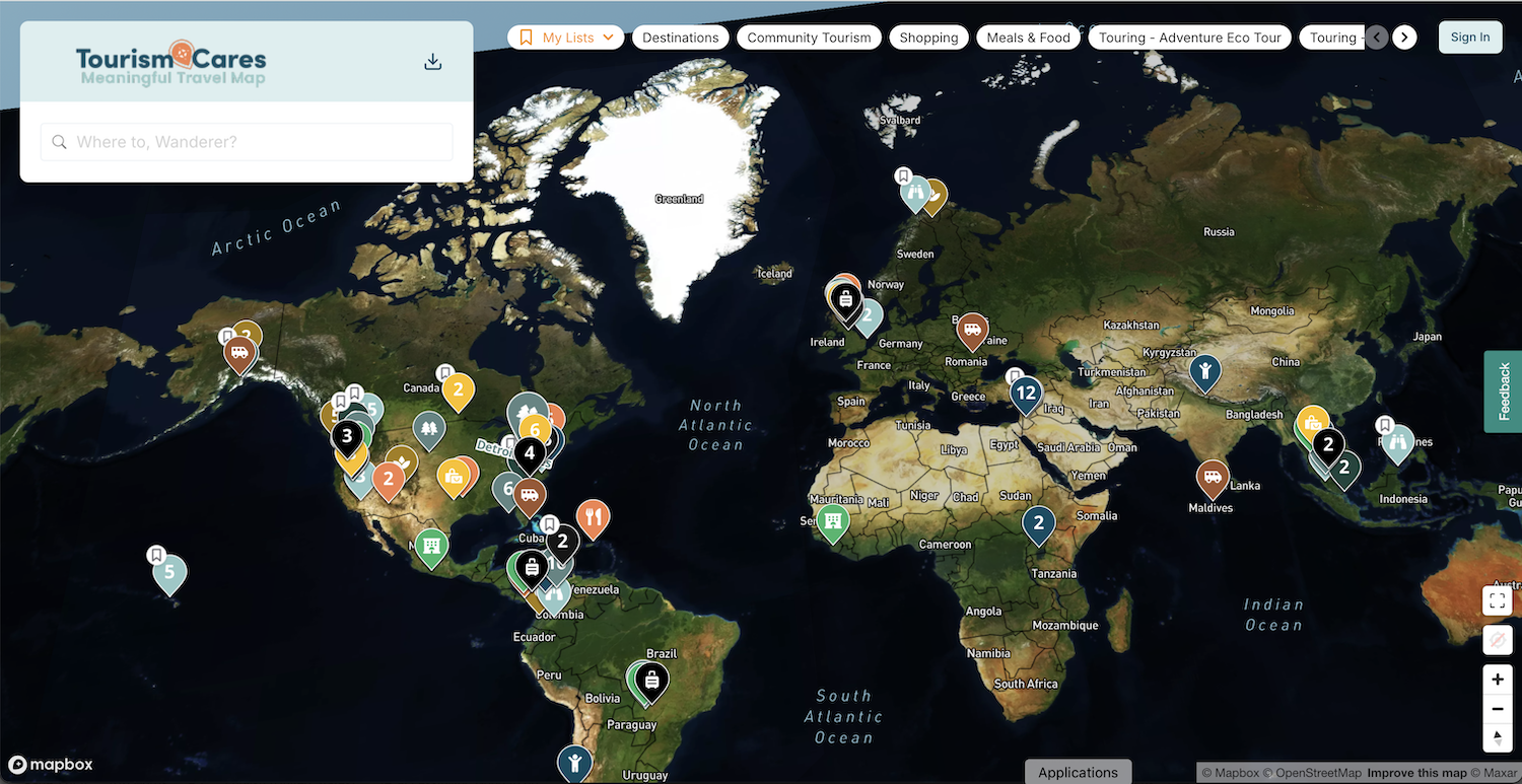 A screenshot of the pins around the world on the Meaningful Travel Map.