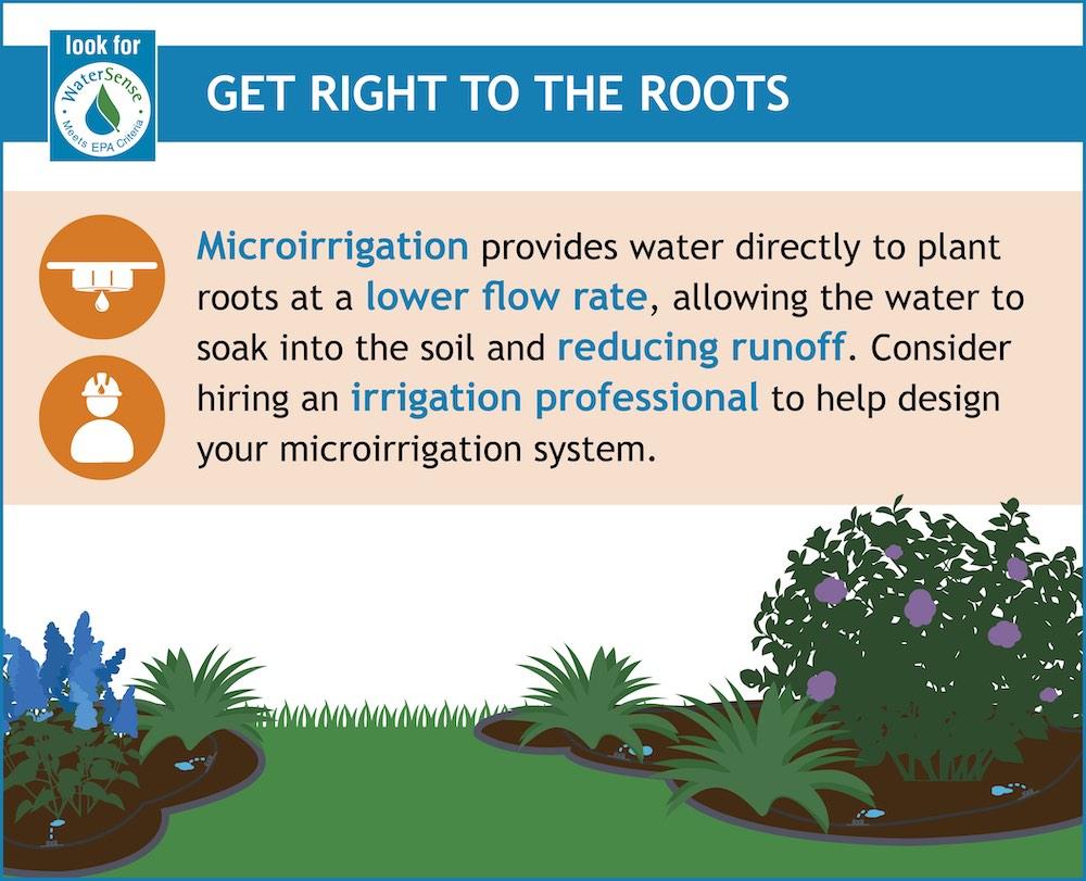 Get Right to the roots: Microirrigation provides water directly to plant roots at a lower flow rate allowing the water to soak into the soil and reducing runoff.