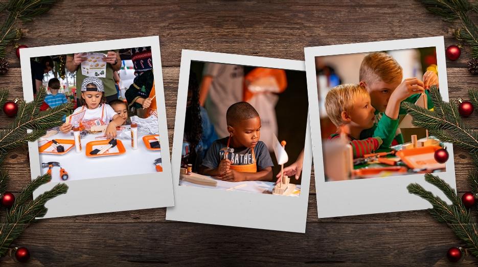 The Home Depot Military Holiday Workshop photo collage showing children making crafts and gifts.