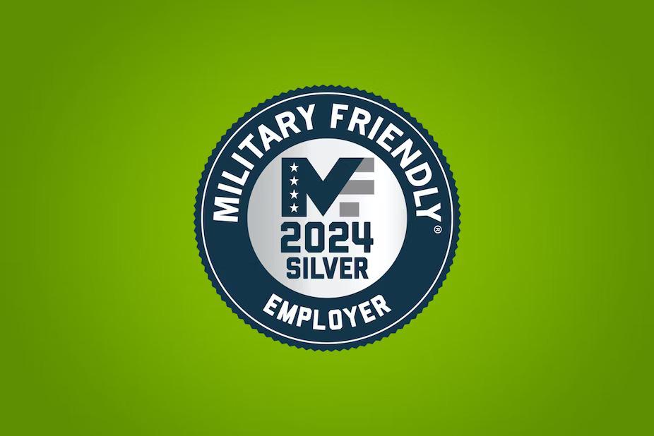 On a green background "Military Friendly Employer" badge.