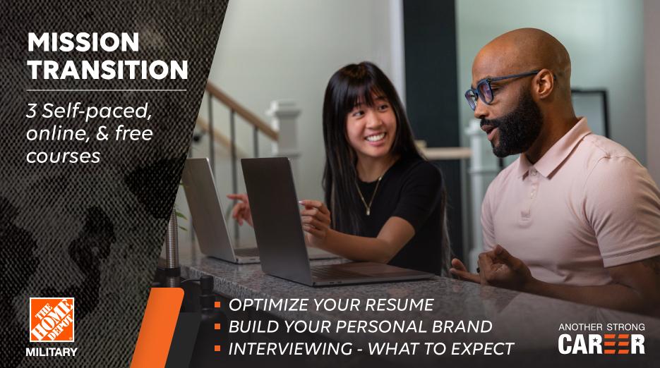 The Home Depot: Mission Transition, 3 Self-Paced, online & free courses. A man and a woman are seated at a table in front of a laptop.