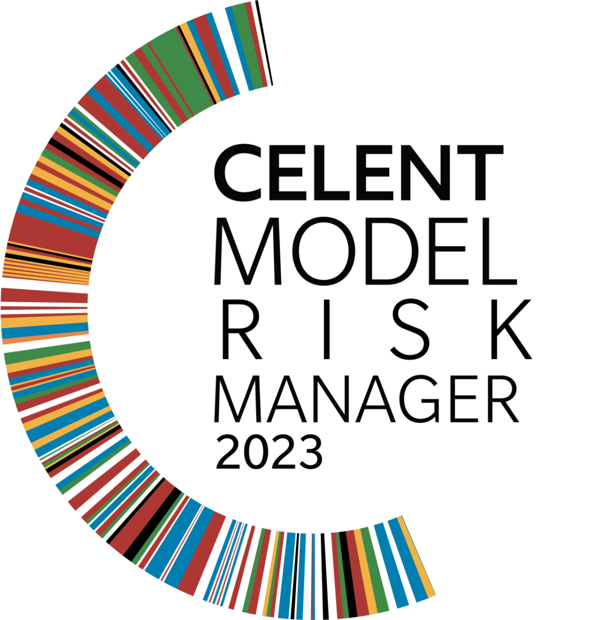 "Celent model risk manager 2023" and logo of many colored stripes in a C formation.
