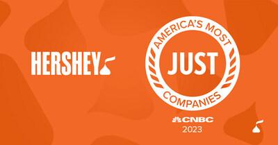 Hershey logo next to "America's most just companies" logo on an orange background