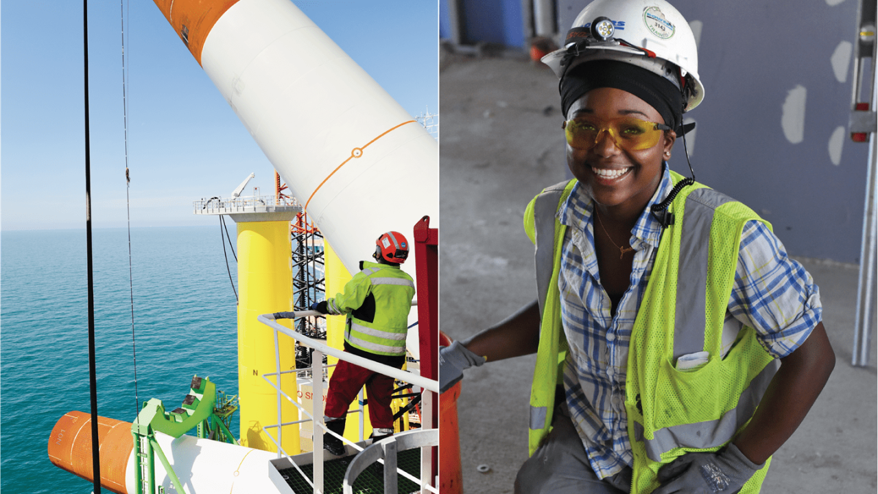 composite image of an offshore wind energy site and a smiling worker in safety gear