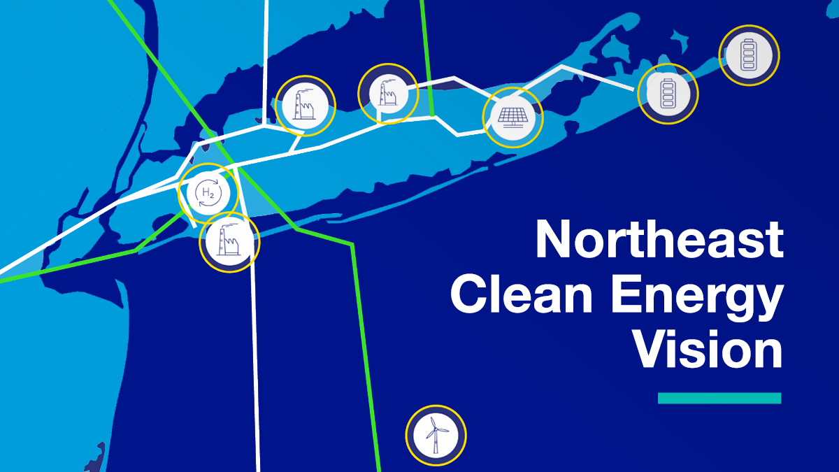 "Northeast clean energy vision" and abstract map of 'energy hubs' connected over long island