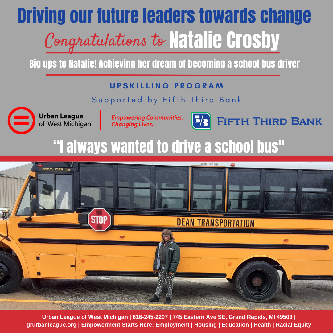 National Urban League poster featuring Natalie Crosby standing in front of a school bus. 