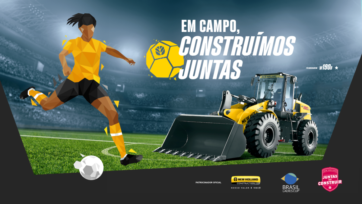 illustration of a female footballer on a pitch with a piece of agricultural equipment in the background