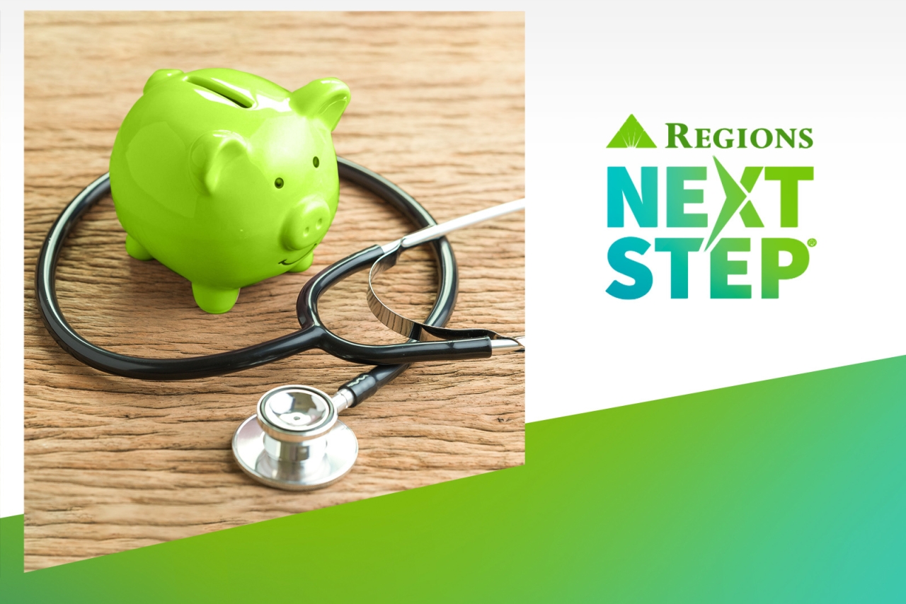 green piggy bank with stethoscope wrapped around it. "Regions Next Step" logo to the right of it