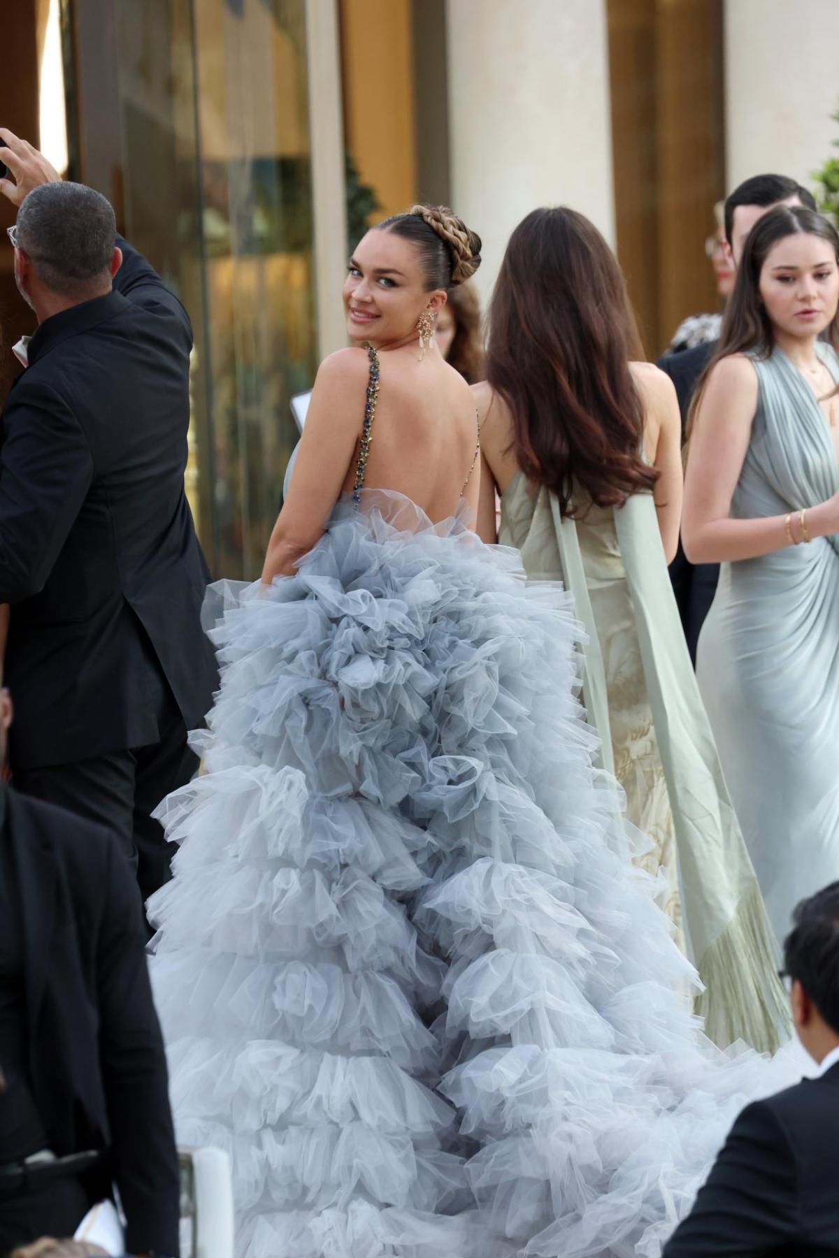 Nina Suess in a gray ruffled gown