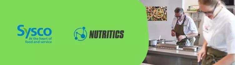 Sysco and Nutritics logo on a green background with an image on the right-hand side of people cooking 