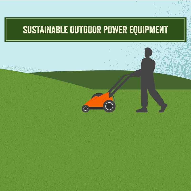 The Home Depot: Sustainable Outdoor Power Equipment. Illustration of a person mowing the lawn.
