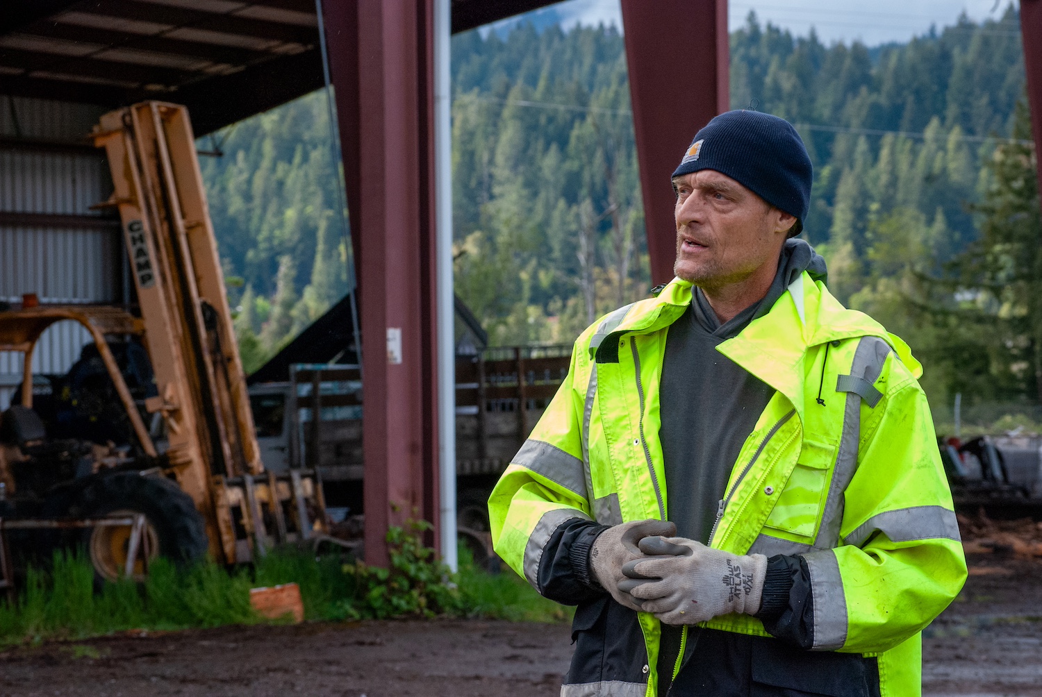 Brock Buchmeier at his wood lot in Oakridge’s industrial park.