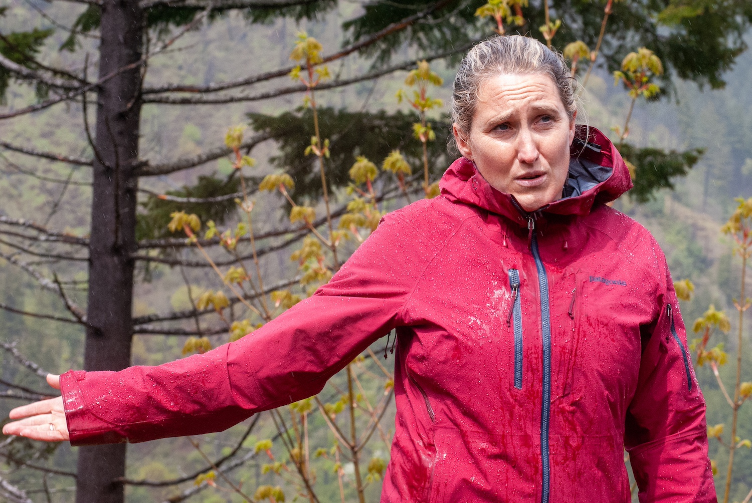 Sarah Altemus-Pope stands in front of trees with burn scars near Oakridge.