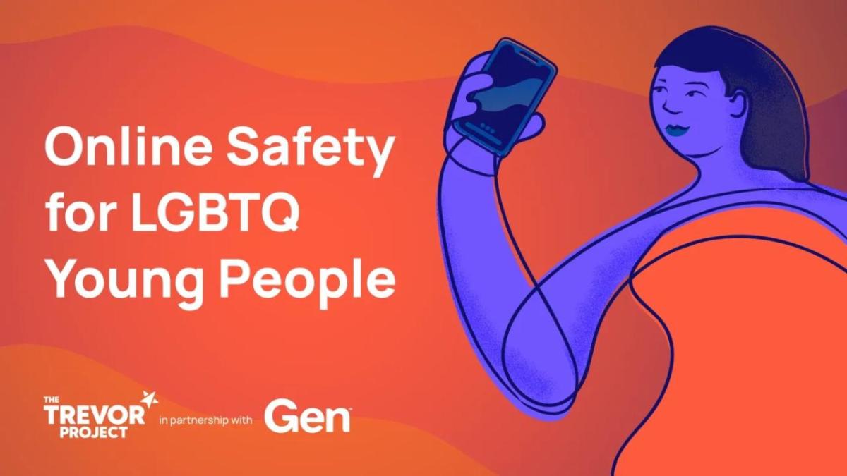 Illustration of a person holding a phone, with the text "Online Safety for LGBTQ Young People"