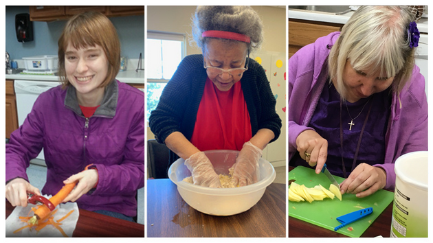 Collage of three people doing various cooking tasks