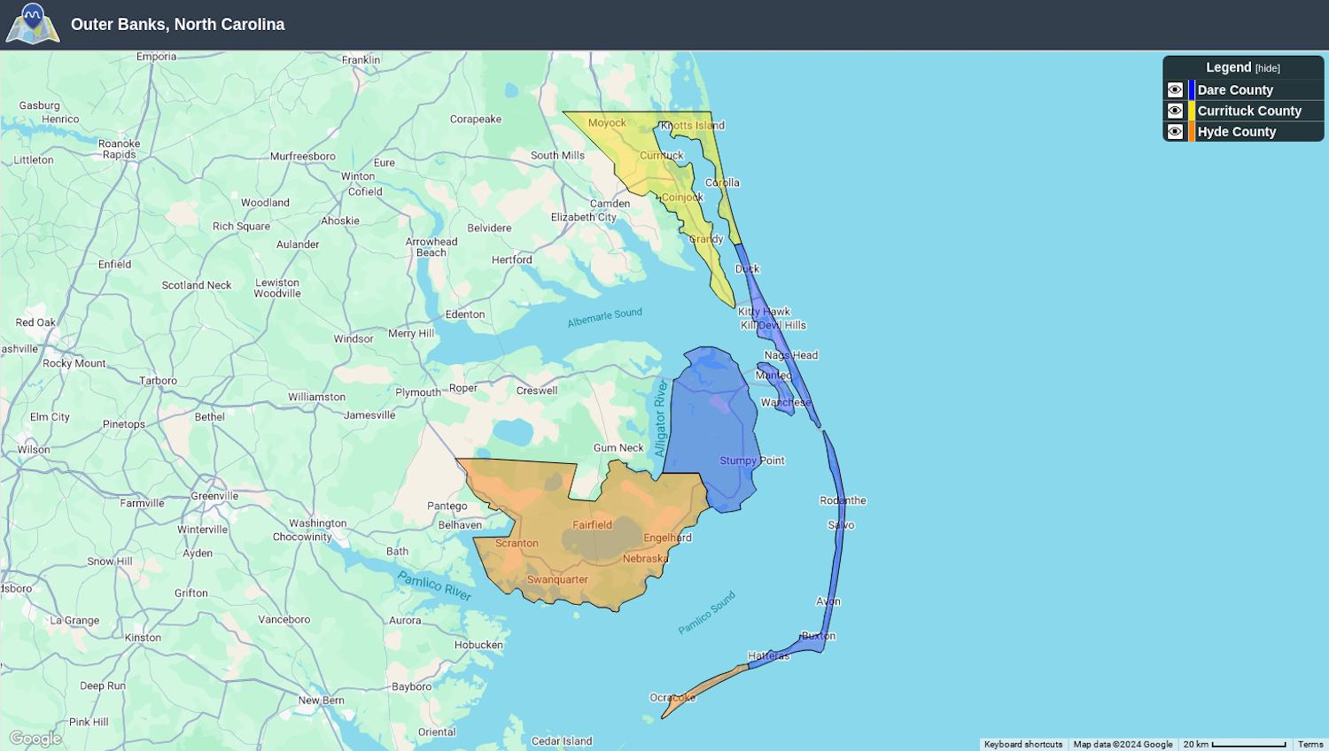 A map of the counties that make up the Outer Banks: Dare Currituck and Hyde — Corolla Light Resort