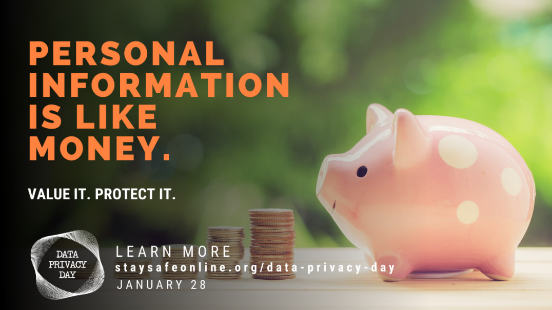 Banner image with piggy bank reading, "personal information is like money."