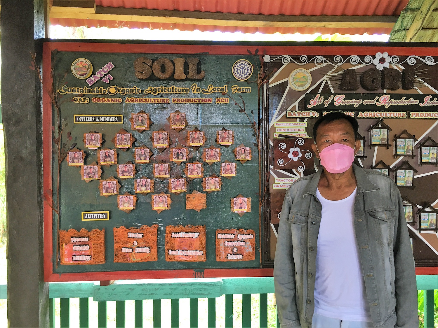  Paterno Padua stands in front of a sign featuring some of the local members at the La Cocina De Marabut agriculture learning center in the Philippines.
