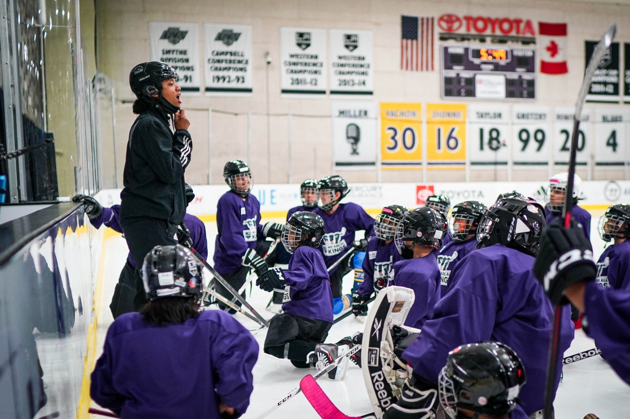 LA Kings’ Blake Bolden, the club’s AHL Scout and Growth and Inclusion Specialist – and the first Black professional women’s hockey player after graduating college – coaches 30 youth during the LA Kings’ first “We Are All Kings Camp” at Toyota Sports Performance Center in El Segundo on August 2-7, 2021.